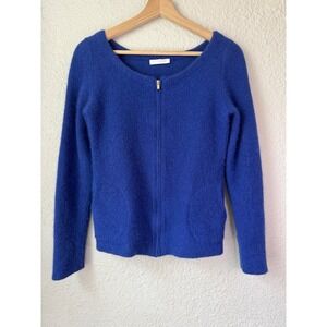 Promod Royal Blue Lamb Wool Angora Full Zip Fuzzy Sweater Scoop Neck Pockets‎